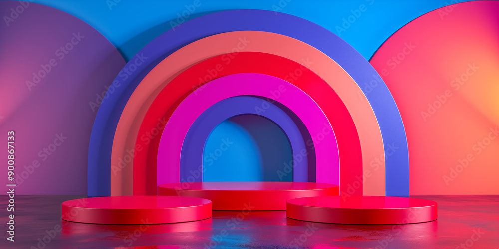 Poster three red cylindrical pedestals overlaying a colorful rainbow shape background for product placement