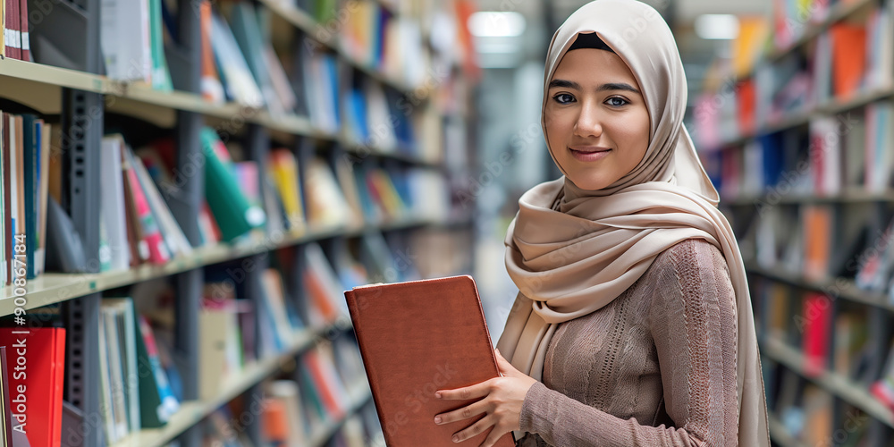 Poster portrait of a smiling student in library holding a book