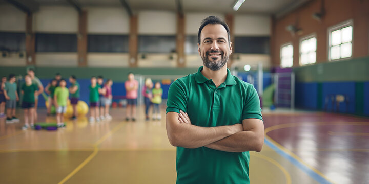 Smiling coach standing with arms crossed in school gym with students in background - Powered by Adobe
