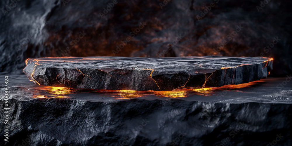Poster Empty stone podium glowing with lava cracks on dark rock background