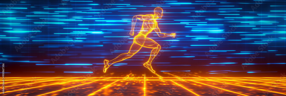 Aufkleber abstract glowing human body running through digital data stream