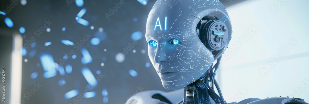 Poster Humanoid robot showing artificial intelligence with data analyzing