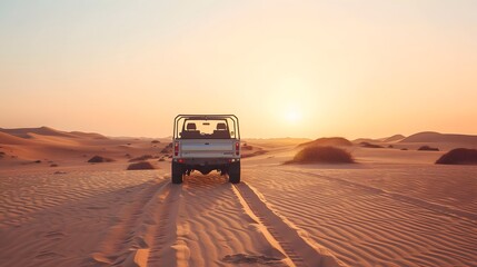 Vintage open top 4x4 SUV in the desert in Dubai, United Arab Emirates. 