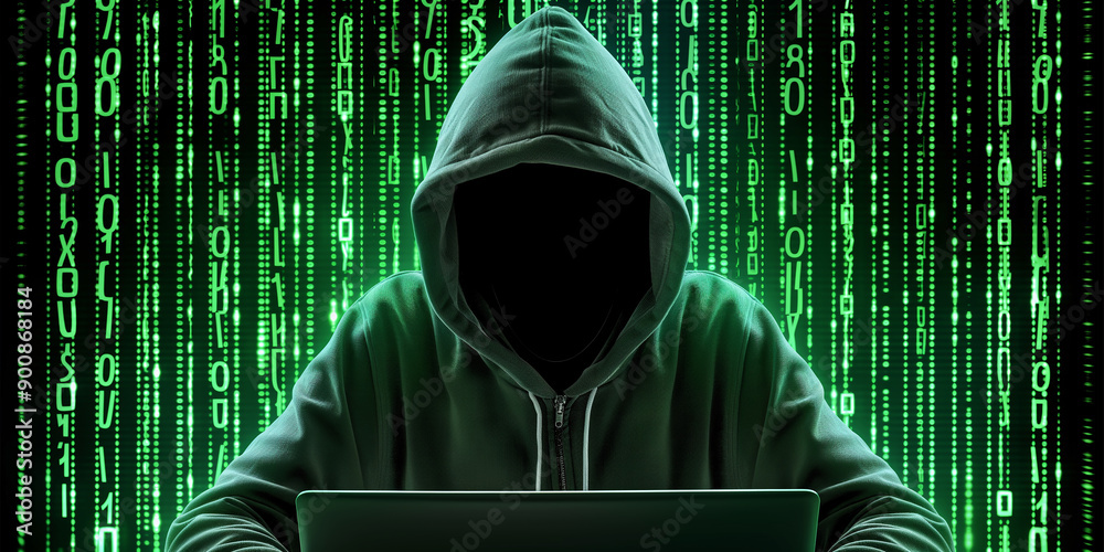 Poster Hacker is using a laptop with binary code raining down in the background