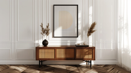 Minimalist Interior Design of a Modern Scandinavian Living Room with A Wooden Sideboard on Herringbone Parquet Floors Against White Paneling Wall, Cozy Decor Elements. Wall Art Mockup. Copy Space.