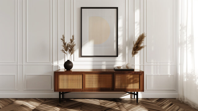Minimalist Interior Design of a Modern Scandinavian Living Room with A Wooden Sideboard on Herringbone Parquet Floors Against White Paneling Wall, Cozy Decor Elements. Wall Art Mockup. Copy Space.