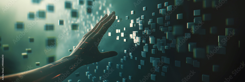Poster Person interacting with digital data through touching floating cubes