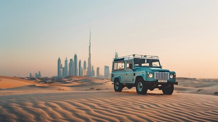 Vintage open top 4x4 SUV in the desert in Dubai, United Arab Emirates. 