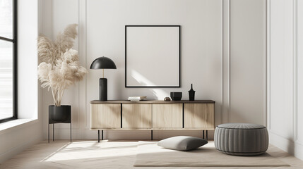 Minimalist Interior Design of a Modern Scandinavian Living Room with Wooden Sideboard, Black Planter on Herringbone Parquet Floors Against White Paneling Wall, Cozy Decor Elements. Wall Art Mockup.