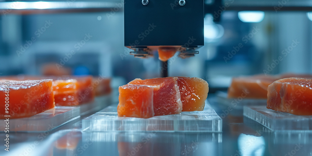 Poster robotic arm taking samples of salmon meat for food analysis in the laboratory