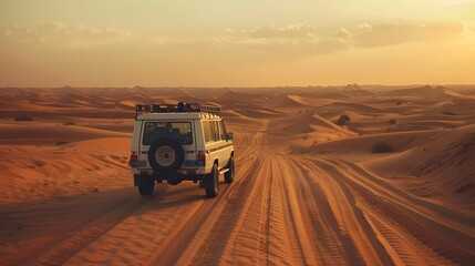 Vintage open top 4x4 SUV in the desert in Dubai, United Arab Emirates. 