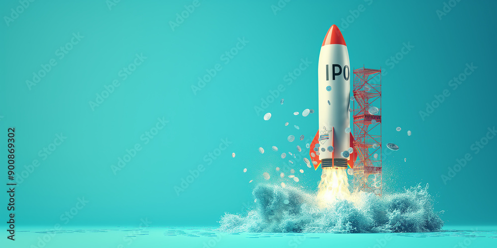 Poster ipo rocket launching into space with scaffolding and coins flying around