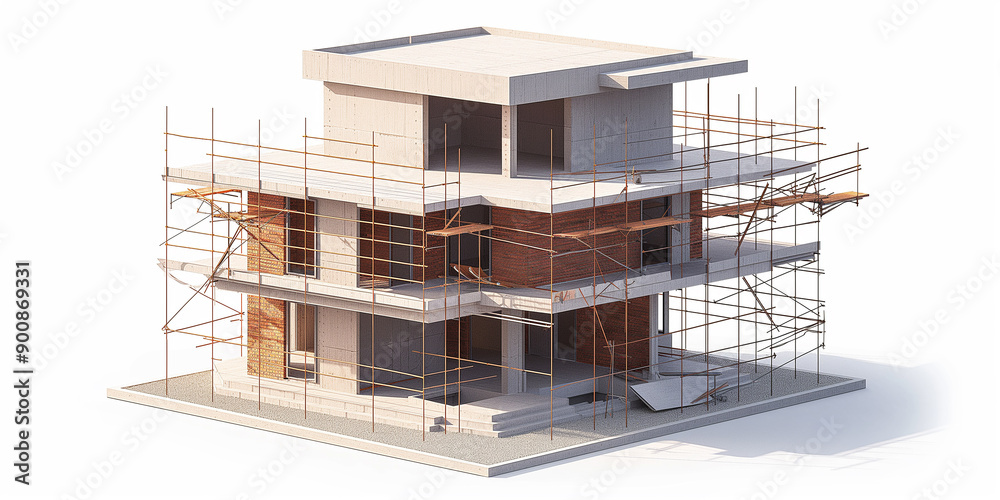 Poster modern house with scaffolding being built on white background