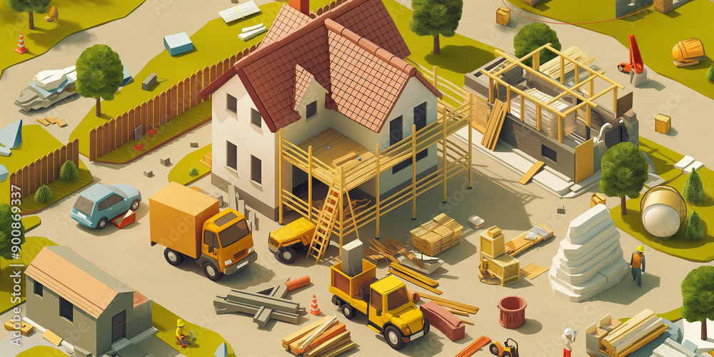 Poster construction site with workers building new house in isometric view