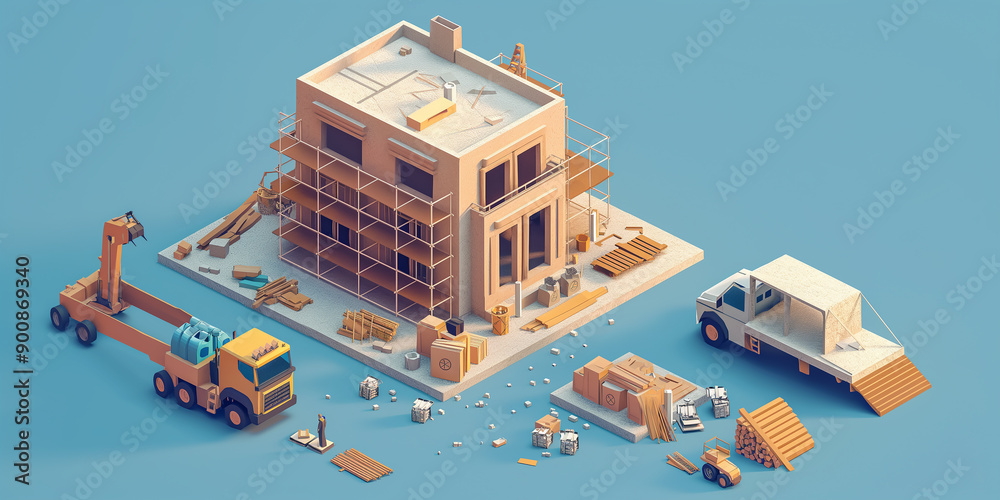 Poster construction site with workers building a modern house in isometric view