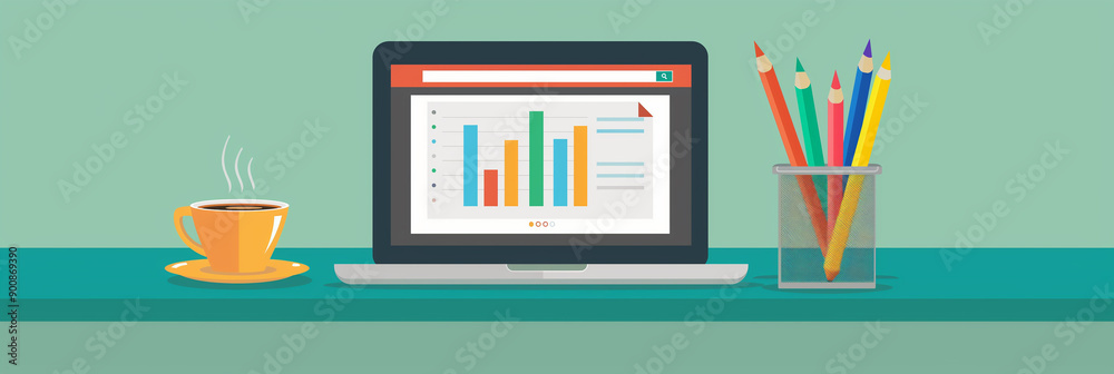 Aufkleber laptop showing statistical graph with coffee and pencils on desk