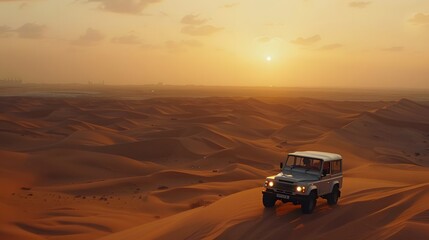 Vintage open top 4x4 SUV in the desert in Dubai, United Arab Emirates. 