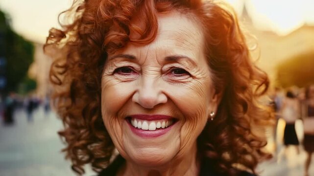 A middleaged woman with curly red hair stands in a city square her warm smile contrasting beautifully with the chaotic backdrop of the busy city streets.