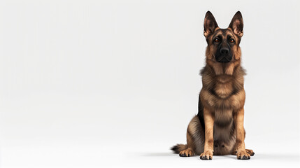 Full body portrait of a majestic German Shepherd dog sitting in a professional studio with a neutral background. Ideal for pet and animal themes