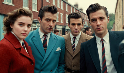 A group of young Teddy boys, a British youth movement born in the 1950s, characterized by a distinctive look and hair combed in a rockabilly style
