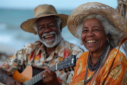 Joyful Senior African American Couple Celebrating Music by the Coast