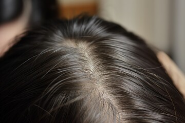 This image captures the top view of wet hair, highlighting the visible scalp and the clear central parting line.