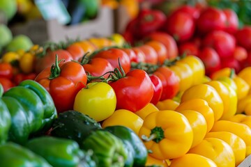 A vibrant collection of green, red, and yellow vegetables arranged on a market stand, showcasing their freshness.