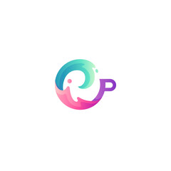 coffee cup logo with wave splash elements in colorful 3d vector design style