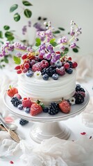 Photo festive white cake decorated with berries on a light background sweets concep