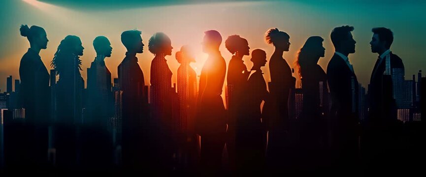 Silhouettes of business people communicating against the background of the night city. Concept of corporate life and overwork.