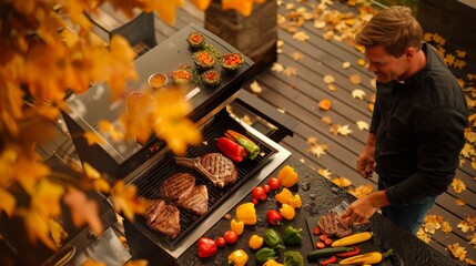 Man grilling steak and vegetables on an outdoor grill surrounded by autumn leaves. Concept of barbecue, cooking, seasonal food, and autumn cuisine