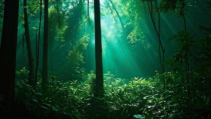 Obraz premium envision-a-lush-pristine-forest-submerged-in-soft-vibrant-twilight-where-ancient-trees-tower-triu