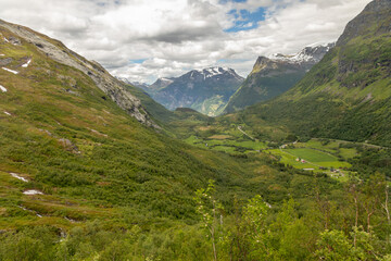 Lush Vibrant Green Forested Snow Capped Mountains High above Geiranger Fjord in Midsummer, Norway
