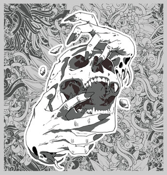 Fototapeta Graphic illustration of an evil hands clutching a skull