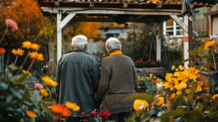 Naklejka premium Elderly Caucasian Couple Standing in a Vibrant Garden of Marigold and Chrysanthemum Flowers. Concept of Seniors, Nature, Flowers, Outdoor Activity