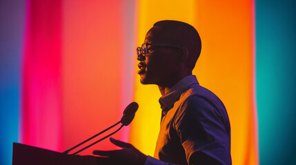semi silhouette of a young African American man at a podium, colorful background