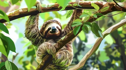 Fototapeta premium A sloth is hanging from a tree branch