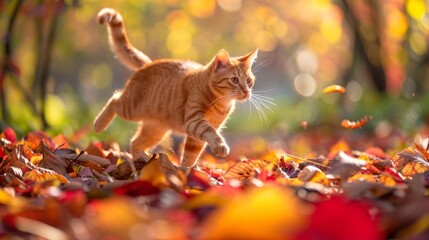 Orange tabby cat jumping and playing through a pile of colorful autumn leaves in a park. Concept of playful kitten, autumn scenery, fall foliage, nature exploration
