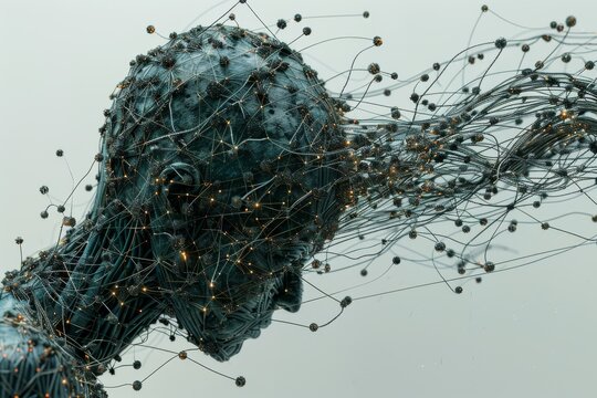 Artistic rendering of a head with neural connections exploding outwards symbolizing creativity and thought processes in a vibrant and dynamic style