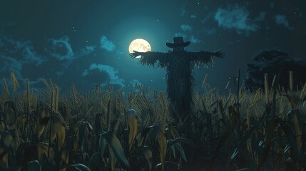 Obraz premium Scarecrow in moonlit cornfield. Steampunk scarecrow background