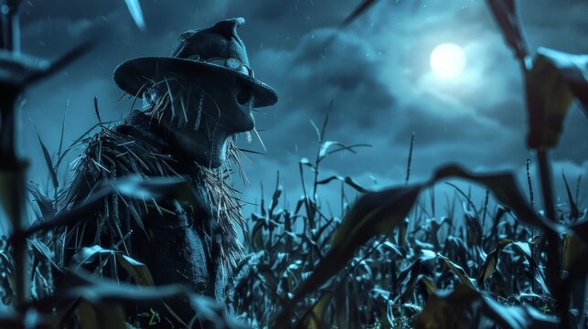 Scarecrow in moonlit cornfield. Steampunk scarecrow background