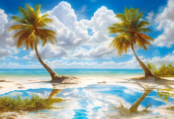 Idyllic tropical beach with palm trees, water reflections and sunlight bokeh