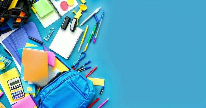 Back to School Essentials. Blue Backpack Filled with School Supplies. Books, Pens, Calculator, and Art Supplies for Back to School.