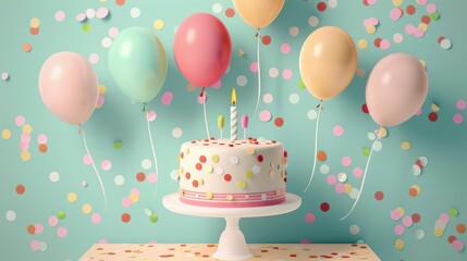 a birthday card with balloons and a birthday cake on the top