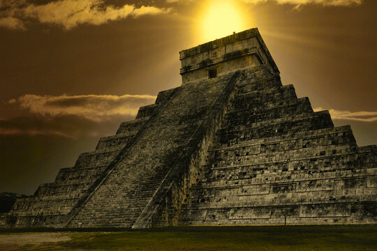 Side of the Pyramid of Kukulkan (Chich&eacute;n Itz&aacute; Mexico) where during the equinoxes, the shadow cast by the pyramid creates the illusion of a serpent descending the staircase