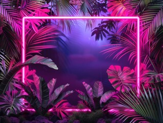 Neon frame surrounded by lush tropical plants, great for backgrounds or decoration