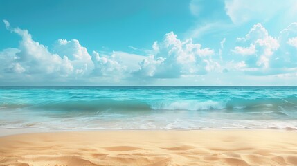 Obraz premium A beautiful beach scene with a clear blue sky and a few clouds. The ocean is calm and the sand is golden