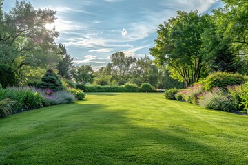 Obraz premium A large, lush green field with a few trees in the background. The sky is clear and blue, and the sun is shining brightly. The scene is peaceful and serene, with the grass