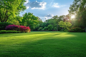 Obraz premium A lush green field with a few trees and a pink bush in the foreground. The sky is blue and the sun is shining brightly