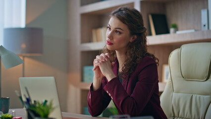 Thoughtful businesswoman looking solution in office. Closeup successful manager